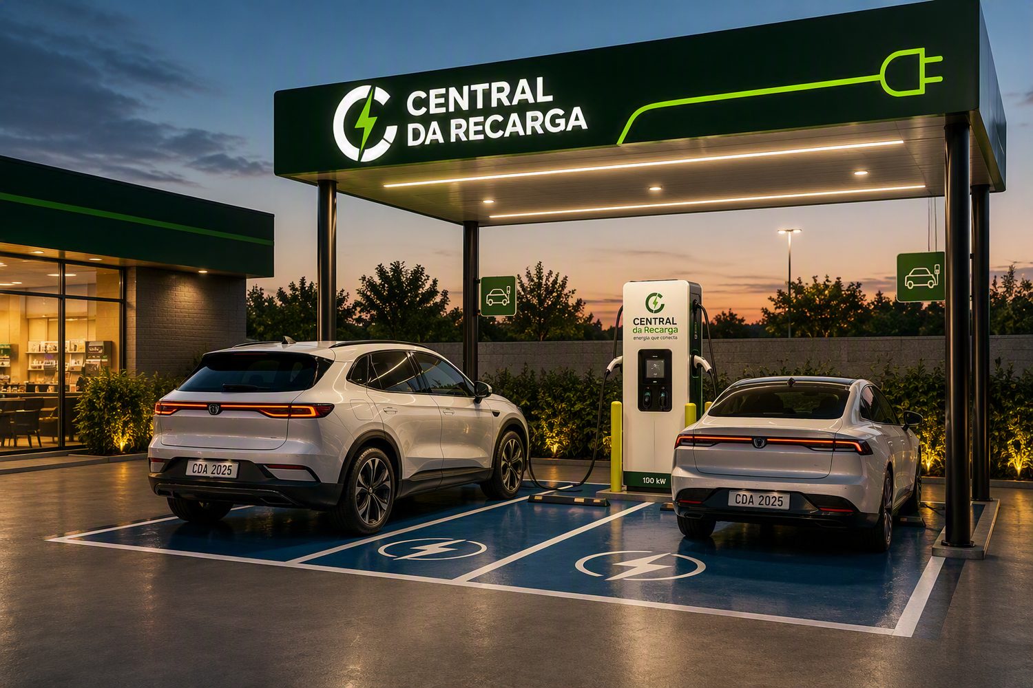 Duas vagas ocupadas por carros elétricos recarregando sob a cobertura da Central da Recarga ao entardecer.