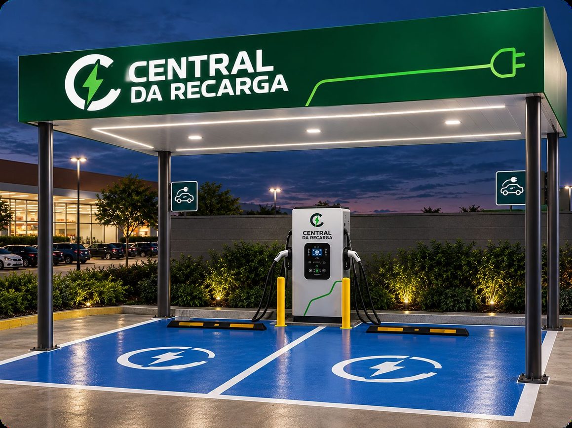 Estação Central da Recarga iluminada ao anoitecer, com duas vagas demarcadas e o carregador ao centro.