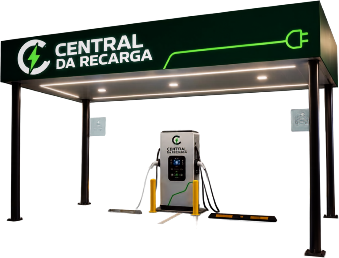 Eletroposto Central da Recarga: cobertura verde iluminada com carregador rápido de duas pistolas.